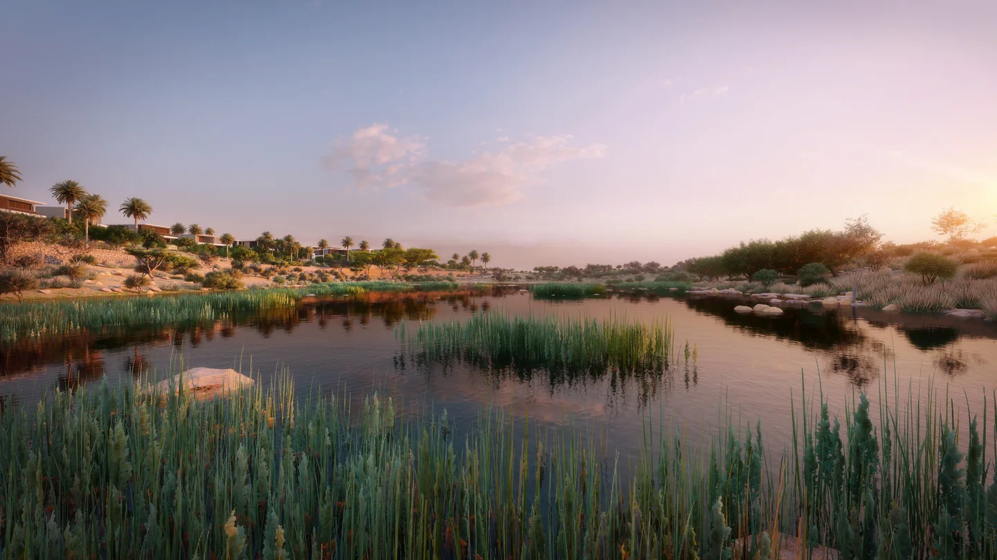 Das renaturierte Wadi in Expo Valley in der Dämmerung, Schilfgürtel und Häuser auf dem Kamm darüber
