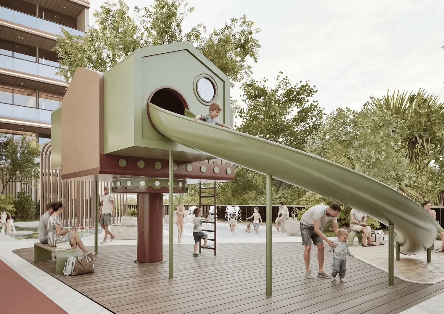 El parque infantil y la zona de juegos de agua