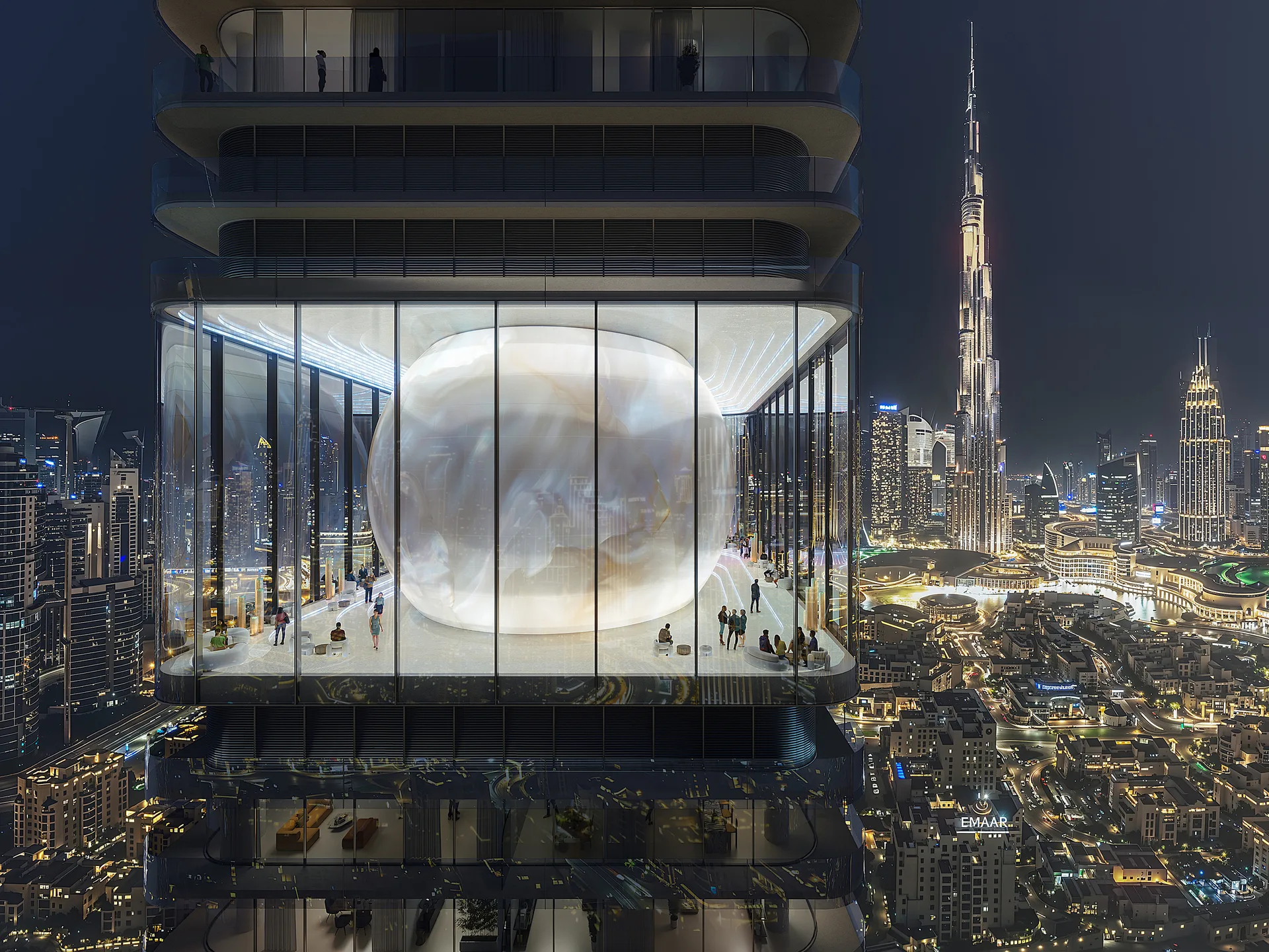 La sphère sculpturale dans le niveau vitré des équipements, skyline la nuit — Inaura Downtown