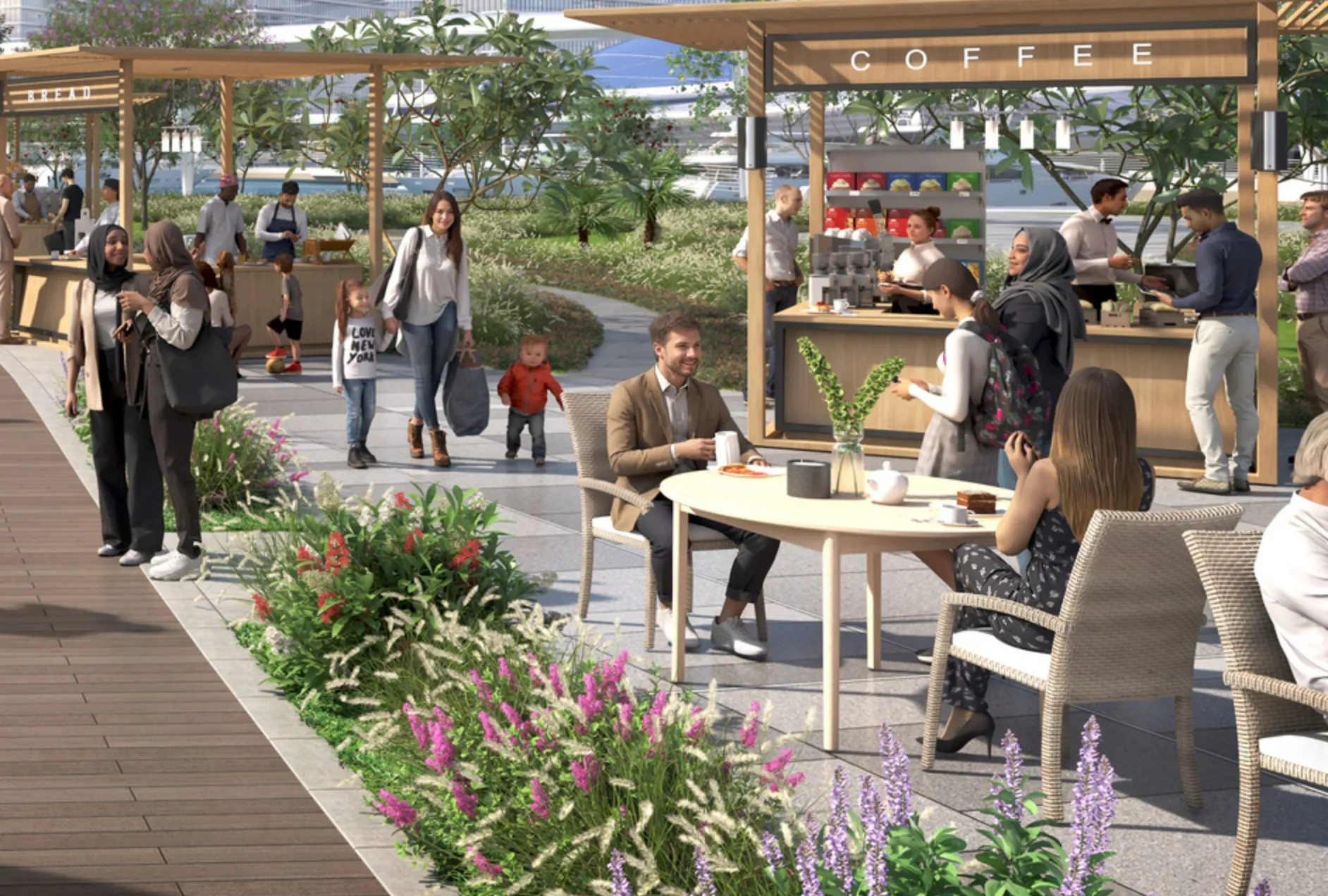Cafeterrasse på kvarterets plads
