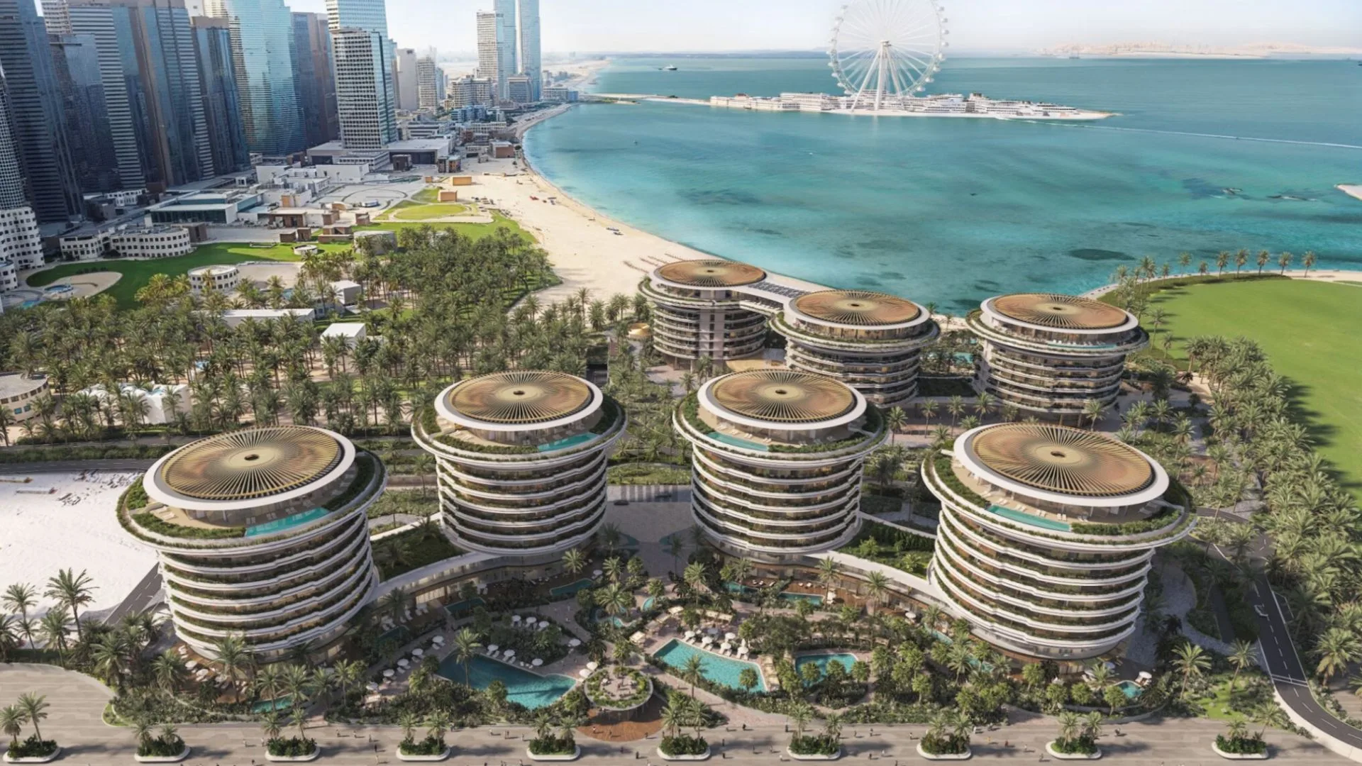 Aerial view of the resort buildings on the bay — The Edition