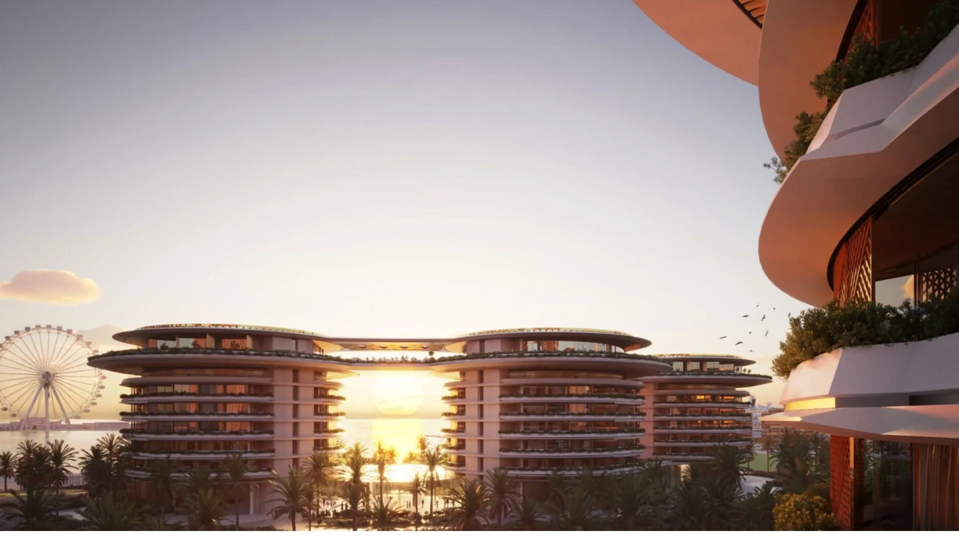 Building exterior at sunset
