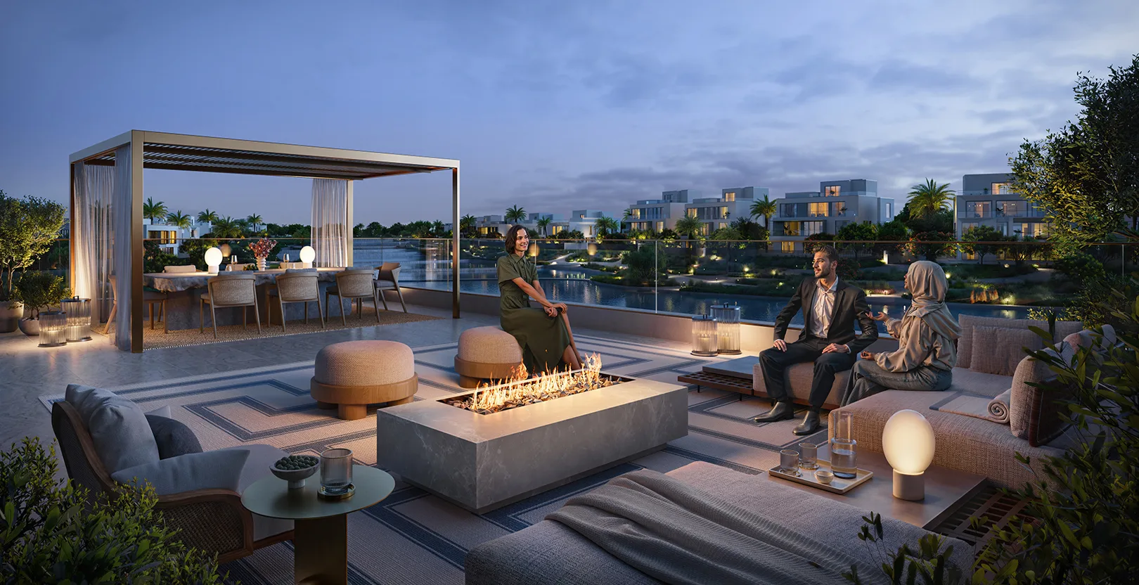 Rooftop terrace with fire pit at dusk