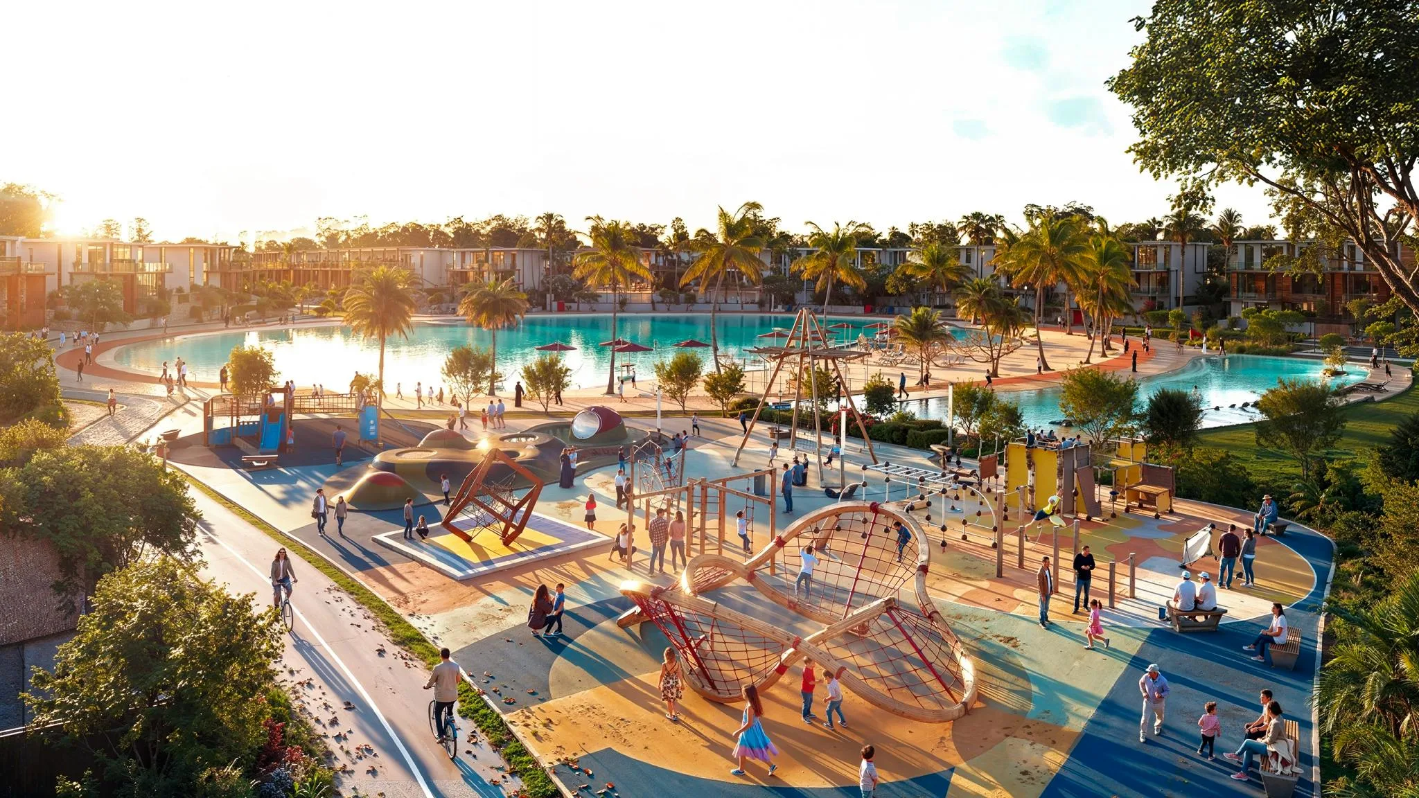 Waterfront play area and pool at sunset